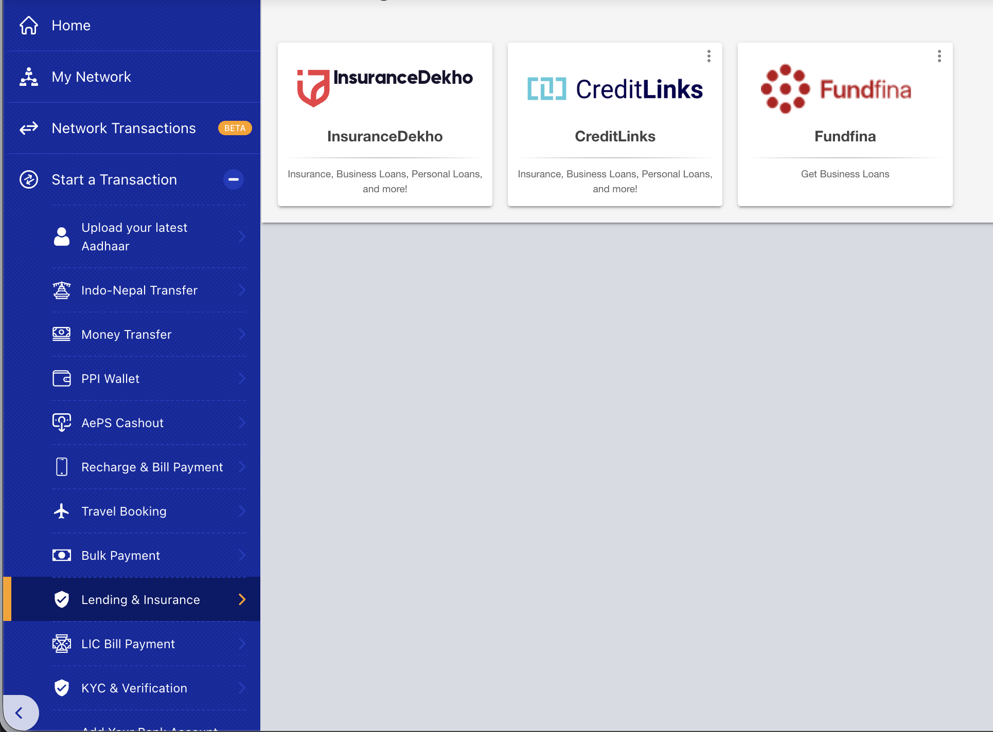 Insurance product cards showing InsuranceDekho, CreditLinks, and Fundfina
