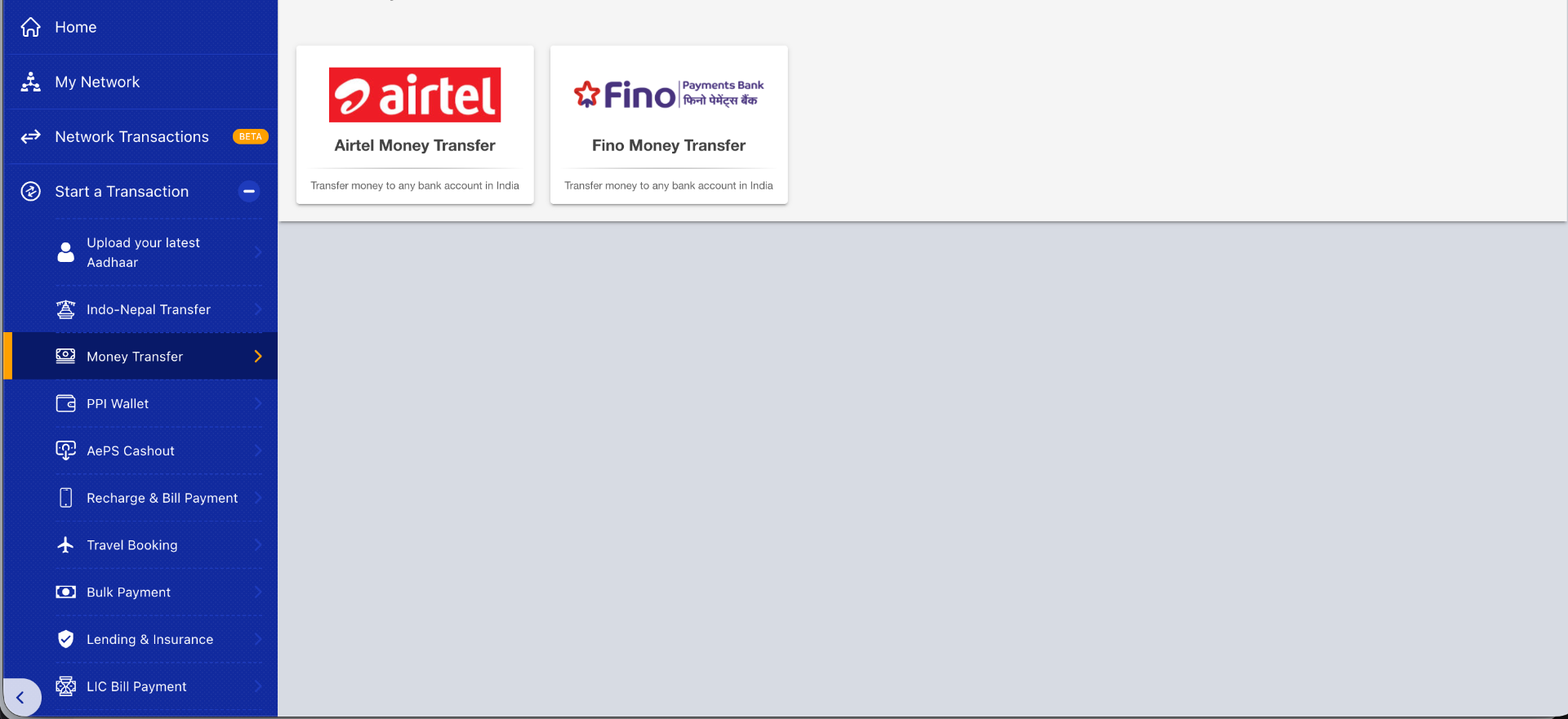 Money transfer service interface showing Airtel and Fino money transfer integrations