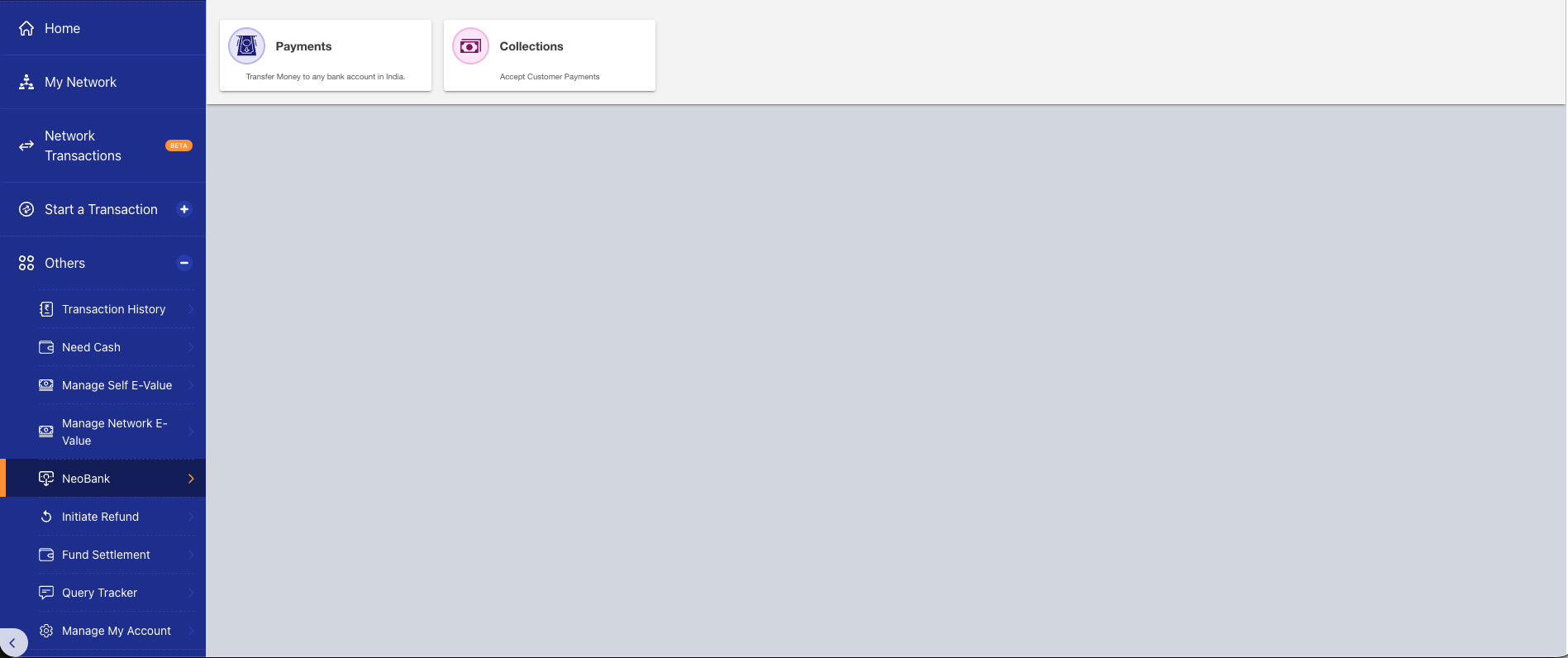 Payments and Collections product UI showing Payments and Collections services with transaction management sidebar