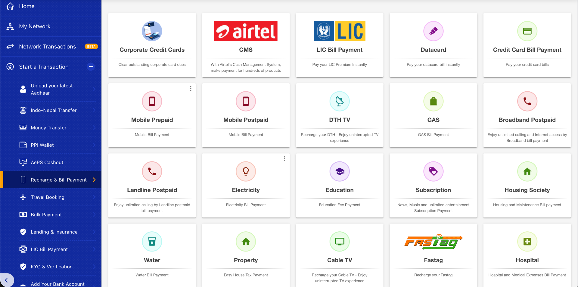 Recharge services grid showing mobile, electricity, gas, water, DTH categories