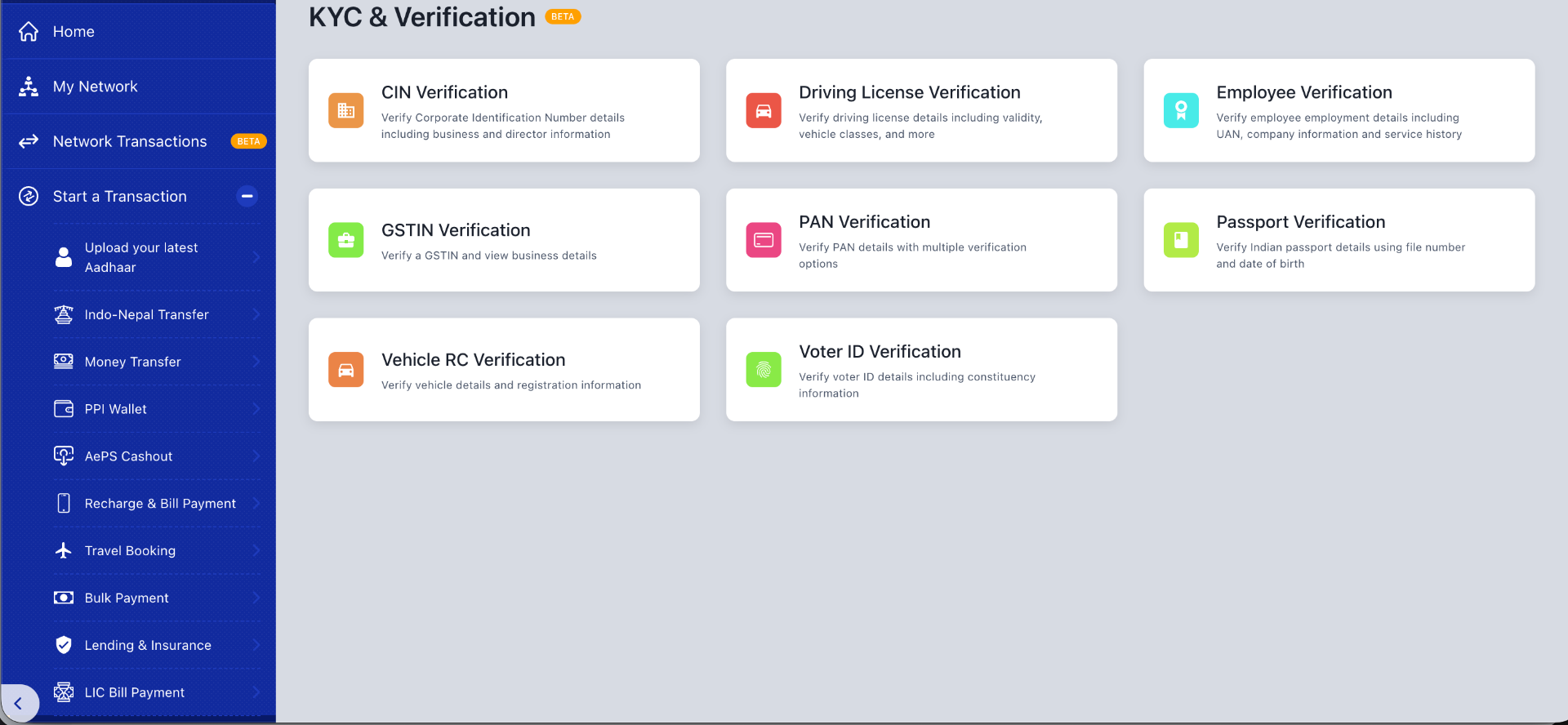 KYC and verification services dashboard showing CIN, Driving License, Employee, GSTIN, PAN, Passport, Vehicle RC, and Voter ID verification